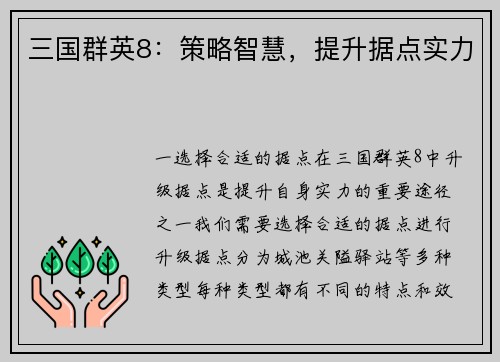 三国群英8：策略智慧，提升据点实力